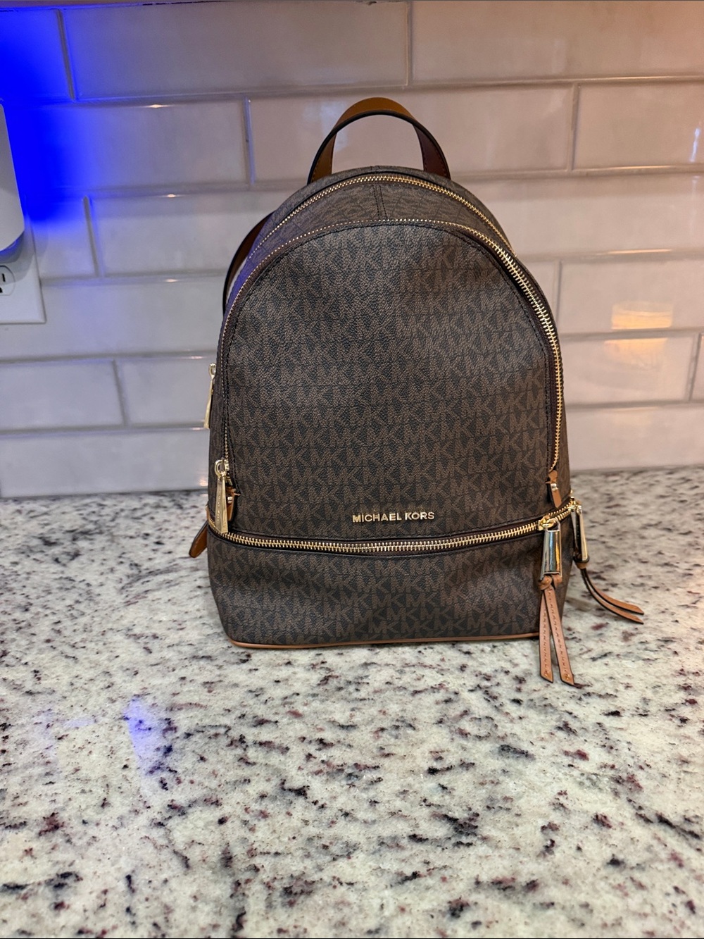 Michael Kors Brown MK Rhea Logo Backpack with Gold Hardware